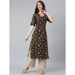 Idalia Women Black & Orange Floral Striped Floral Kurta-picture-20