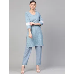 Idalia Women Blue Chikankari Embroidered Kurta with Trousers-picture-18