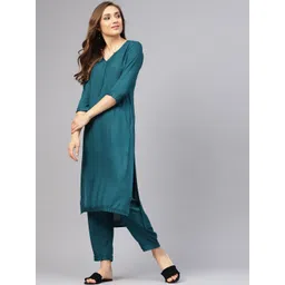 Idalia Women Teal Regular High-Low Kurta with Trousers-picture-33