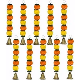iHandikart Artificial Marigold and Leaf with Bell Garland (Pack of 10) Size -16-Inch Color - Yellow and Orange, Artificial Garland, Perfect for Diwali, Housewarming and Home Decor (32601-B-10)-image-15