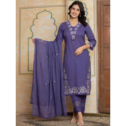 IkDaiya Women Floral Embroidered Regular Thread Work Pure Cotton Kurta with Trousers & With Dupatta-picture-31