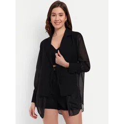 iki chic Black Tie-Up Notched Lapel Collar Blazer With High Waist Shorts-picture-36