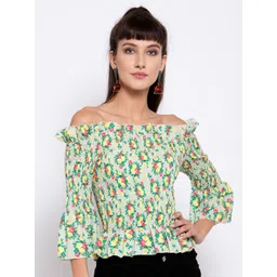 iki chic Green & Yellow Floral Off-Shoulder Smocked Bardot Top-picture-28