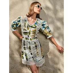 iki chic White Tropical Printed V-Neck Pure Linen Playsuit With Lace Detailing-picture-3