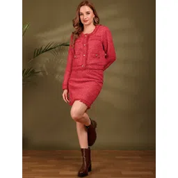 iki chic Women Self-Design Round Neck Long Sleeves Pure Cotton Jacket With Skirt-picture-38