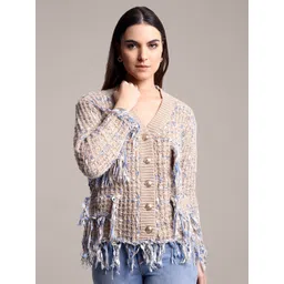 iki chic Women Woollen Cardigan with Fringed Detail-picture-19