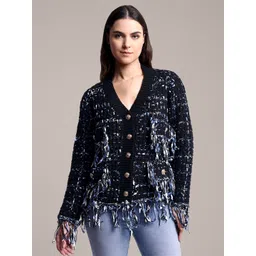 iki chic Women Woollen Cardigan with Fringed Detail-picture-18