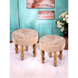 Ikiriya 2-Pcs Beige & Brown Round Wooden Stools with Velvet Upholstery-picture-19