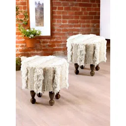 Ikiriya 2-Pcs Beige Fringed Wooden Cotton Round Ottomans-picture-18