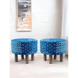 Ikiriya 2-Pcs Blue & White Printed Wooden Round Ottomans-picture-38
