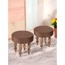 Ikiriya 2-Pcs Brown Round Wooden Stools with Velvet Upholstery-picture-36