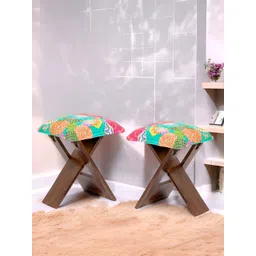 Ikiriya 2-Pcs Green & Brown Foldable Wooden Stools with Printed Fabric Cushions-picture-30