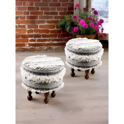 Ikiriya 2-Pcs Grey & Beige Wooden Round Ottomans-picture-11