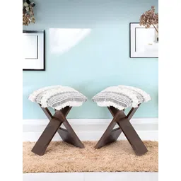 Ikiriya 2-Pcs Grey Wooden Foldable Stools with Fur Fringed Cotton Upholstery-picture-12