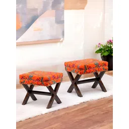 Ikiriya 2-Pcs Orange & Blue Printed Wooden Cotton Rectangle Ottomans-picture-11