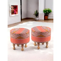 Ikiriya 2-Pcs Red & Brown Woven Design Round Ottomans-picture-25