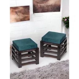 Ikiriya 2-Pcs Turquoise Blue & Brown Wooden Square Stools-picture-30