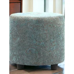 Ikiriya Blue Jacquard Weave Lisbon Wooden Cylindrical Pouffe Ottoman-picture-11