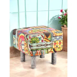 Ikiriya Green & Yellow Printed Wooden Cotton Square Ottoman-picture-19