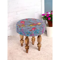Ikiriya Grey & Brown Round Wooden Stool with Printed Kantha Upholstery-picture-44