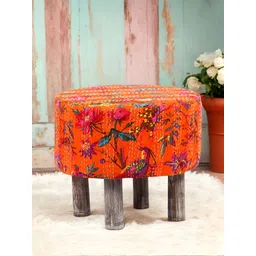 Ikiriya Orange & Blue Printed Wooden Cotton Round Ottoman-picture-25
