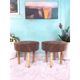 Ikiriya Set of 2 Brown Wooden Round Stools With Velvet Upholstery-picture-46