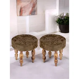 Ikiriya Set of 2 Brown Wooden Round Stools With Velvet Upholstery-picture-41