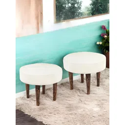 Ikiriya Set of 2 White Wooden Round Stools with Jaquard Work Upholstery-picture-18