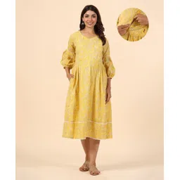 Ikk Kudi by Seerat Cotton Three Fourth Sleeves Paisley Printed Dress With Concealed Zipper Nursing Access - Yellow-picture-11