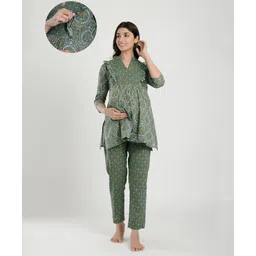 Ikk Kudi by Seerat Cotton Woven Three Fourth Sleeves Floral Printed Maternity Kurta With Nursing Access & Pant Set - Green-picture-24