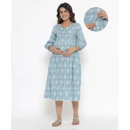 Ikk Kudi by Seerat Cotton Woven Three Fourth Sleeves Paisley Printed Dress With Concealed Zipper Nursing Access - Light Blue-picture-17