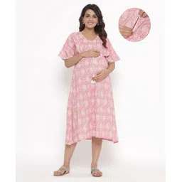Ikk Kudi by Seerat Cotton Woven Three Fourth Sleeves Paisley Printed Dress With Concealed Zipper Nursing Access - Pink-picture-16
