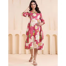 Ikk Kudi by Seerat Floral Print Puff Sleeve Maternity A-Line Midi Dress-picture-21