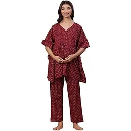 ikk kudi by seerat Jaipuri Booti 100% Cotton Maternity Nursing and Feeding Kaftan Night Suit | Center Nursing Zipper | Pre and Post Pregnancy | Color - Maroon-picture-46