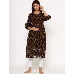 Ikk Kudi by Seerat Women Black Ethnic Motifs Printed Flared Sleeves Mirror Work Floral Maternity Anarkali Kurta-picture-27
