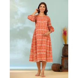 Ikk Kudi by Seerat Women Ethnic Print Puff Sleeve Maternity Fit & Flare Midi Dress-picture-40