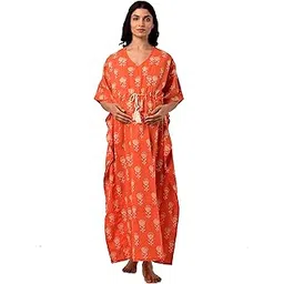ikk kudi by seerat Women's Jaipuri Printed 100% Cotton Feeding Kaftan with Invisible Zip | Feeding/ Maternity/ Nursing Nightdress/ Nighties Sleep Wear - Rose Boota- Color- Orange-picture-21
