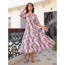 IKRASS Women Floral Printed Square Neck Gathered or Pleated Casual Fit and Flare Dress-picture-30