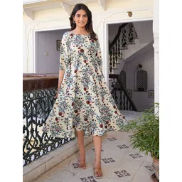 IKRASS Women Floral Printed Square Neck Gathered or Pleated Casual Fit and Flare Dress image 3