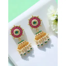 IKSAVA Gold-Plated Kundan Studded & Artificial Beaded Dome Shaped Jhumkas-picture-38