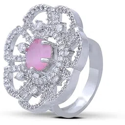 iksava Trendisia Floral Cocktail Ring for Women | Pink Stone & CZ Diamond Studded Adjustable Statement Finger Ring-picture-50