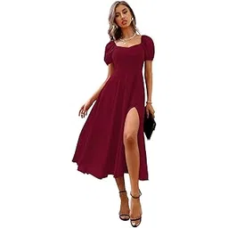 illi london Women's A-line Sweetheart Neck with Leg Spilt Cut and Puff Sleeve Dress-picture-19