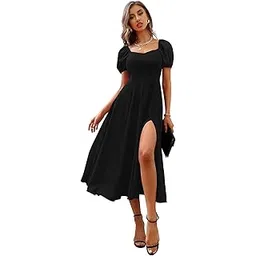 illi london Women's A-line Sweetheart Neck with Leg Spilt Cut and Puff Sleeve Dress-picture-34