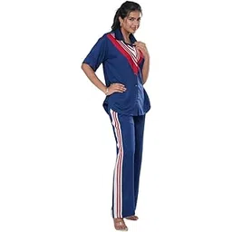 illustrations by mohita Label By Mohita Striped Panel Co-ord Set, Cotton Blend, Short Sleeve Top with Wide Leg Trousers, Navy and Red-picture-16