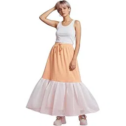 iluvvastram Women's Cancan Hoop Less Underskirt Petticoat Wedding Crinoline Volume Extension for Lehenga, Gown and Floor Length Skirt Free Size Waist with Adjustable Length Cream Color-picture-32