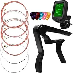 Imaginea Guitar Combo Kit with Digital Tuner, Capo, Strings, 5 Picks | Guitar Parts Accessories Set for Acoustic & Electric Guitar-picture-14