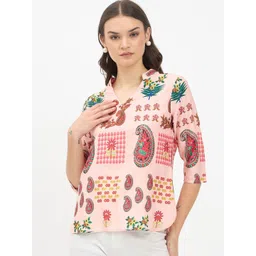 Imfashini Women Floral Printed Mandarin Collar Ethnic Crepe Blouson Top-picture-16