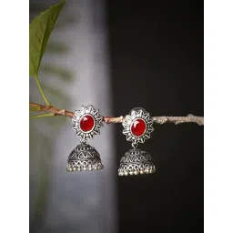 Imli Street Red Silver Tone Stone-Studded Handcrafted Jhumki Earrings-image-38