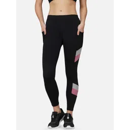 IMPERATIVE Women Black Solid Slim Fit Mid-Rise Dry Fit Tights with Side Striped image 1