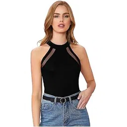 impression fab Women's Sleeveless Mesh Insert Halter Crop Top, Fitted Style with High Neck top for Women Stylish Western | Crop top for Woman-picture-10